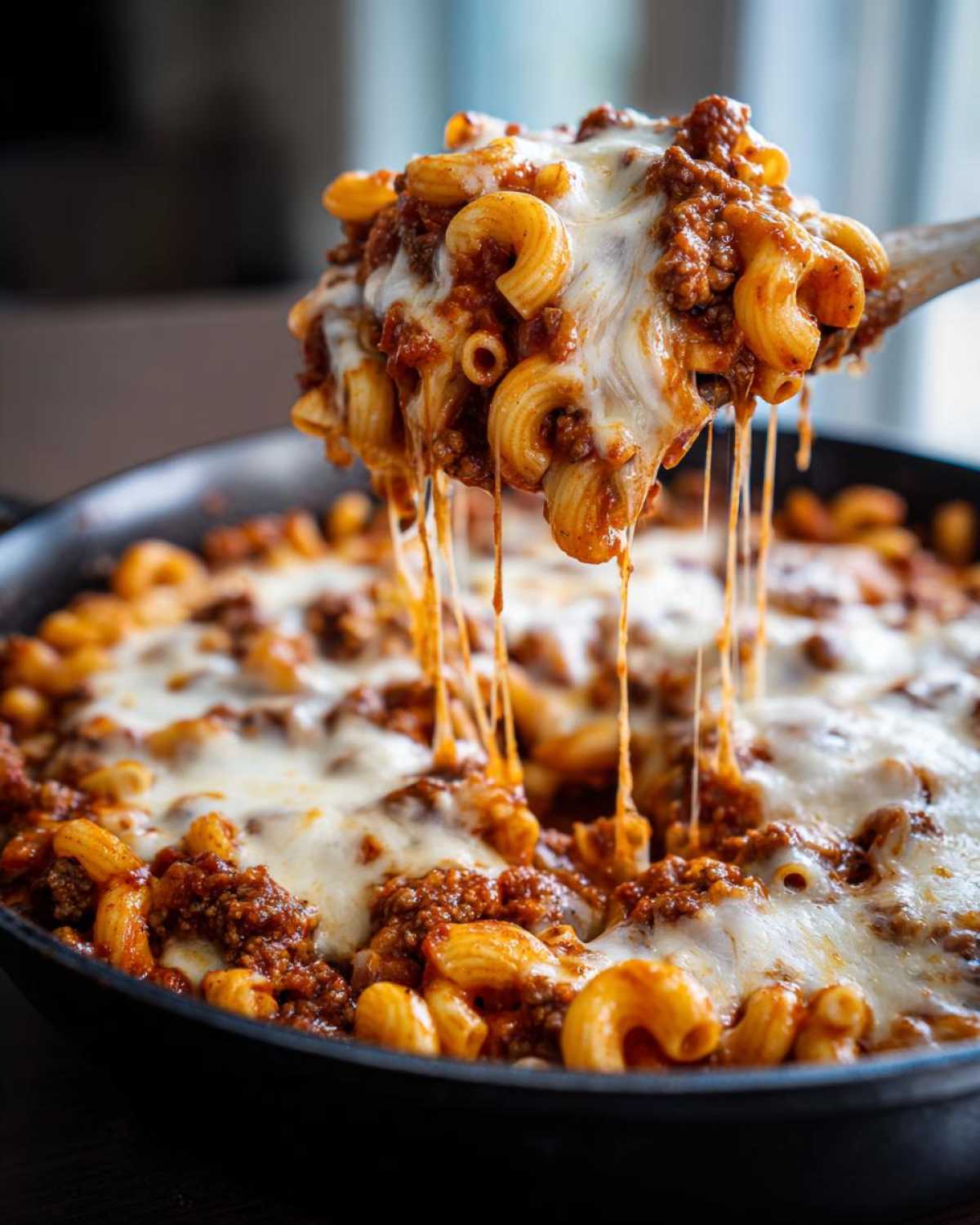 A spoonful of Cheesy Ground Beef Pasta Skillet with Mozzarella showing a dramatic cheese pull over the rest of the dish in the skillet.
