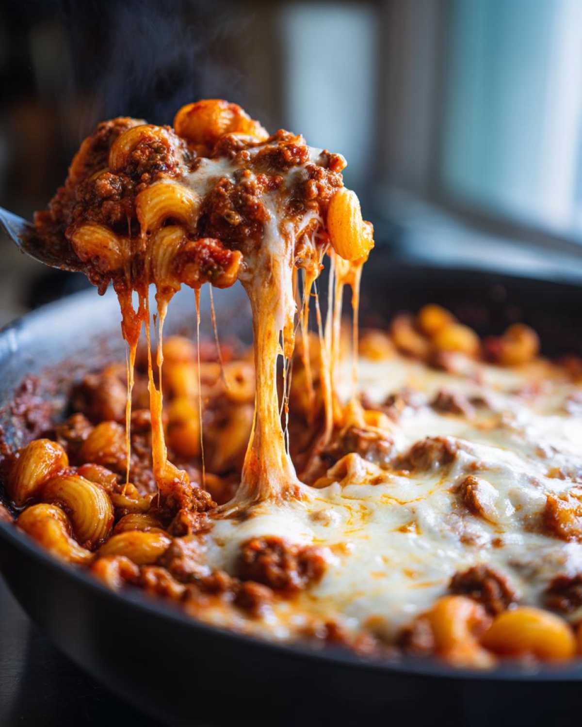 A spoonful of steaming Cheesy Ground Beef Pasta Skillet with Mozzarella showing a dramatic cheese pull over the skillet.