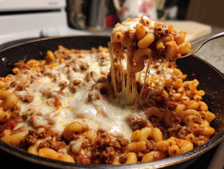 A fork lifts a portion of Cheesy Ground Beef Pasta Skillet with Mozzarella, showing dramatic cheese pulls over the skillet.