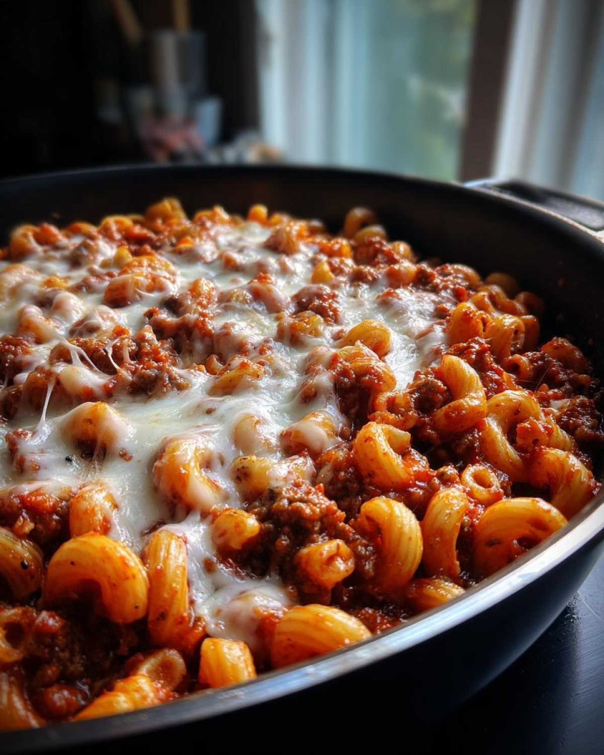 Close-up of a Cheesy Ground Beef Pasta Skillet with melted mozzarella cheese stretching over elbow macaroni and meat sauce.