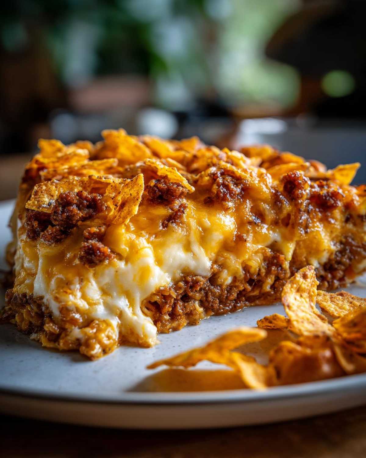 A close-up of a hearty slice of Cheesy Ground Beef Queso Bake Comfort Dish topped with melted cheese and crushed chips.