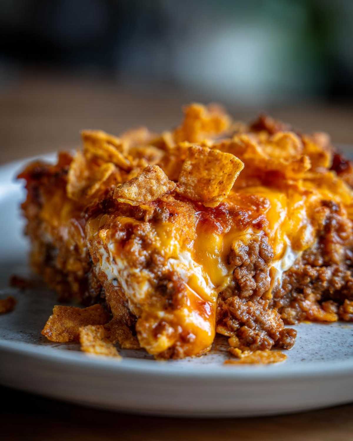 Close-up of a hearty slice of Cheesy Ground Beef Queso Bake Comfort Dish topped with melted cheese and crushed tortilla chips.