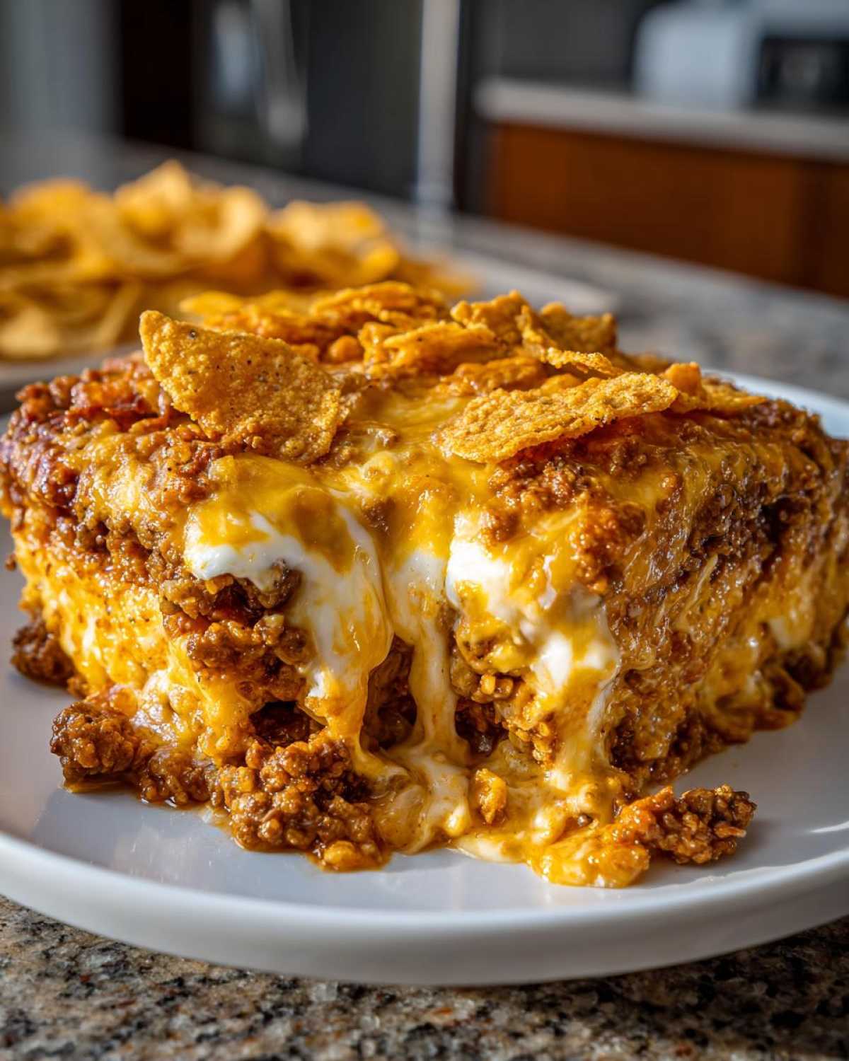A gooey slice of Cheesy Ground Beef Queso Bake Comfort Dish topped with melted cheese and crushed tortilla chips.