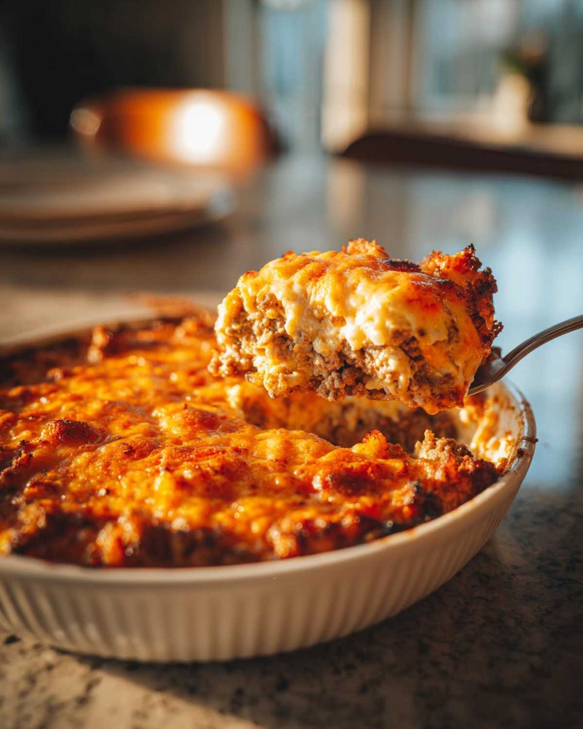 A spoonful of Cheesy Ground Beef Queso Bake Comfort Dish lifted from a white baking dish, showing melted cheese and ground beef layers.