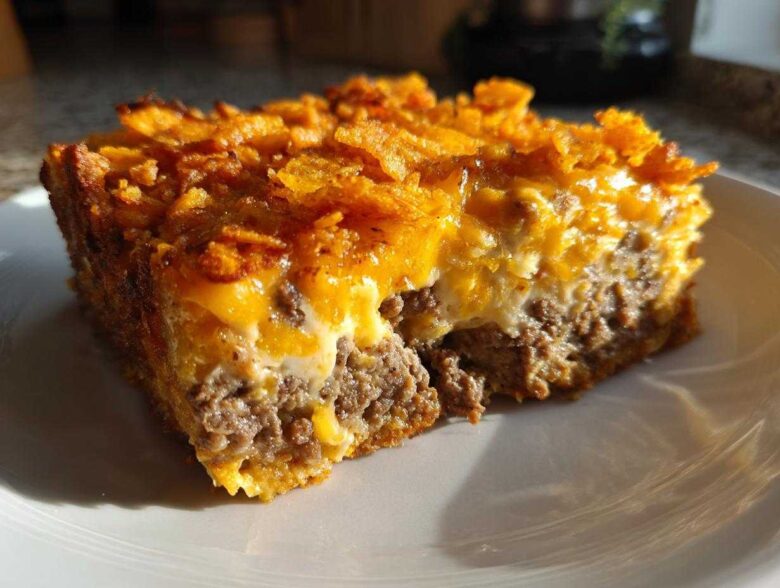 A close-up of a square serving of Cheesy Ground Beef Queso Bake Comfort Dish with a crunchy topping.