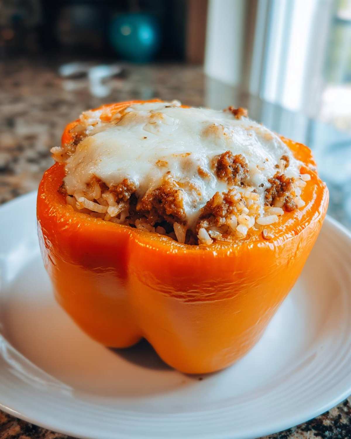Close-up of a vibrant orange Cheesy Ground Beef Stuffed Pepper with Rice, topped with melted cheese.
