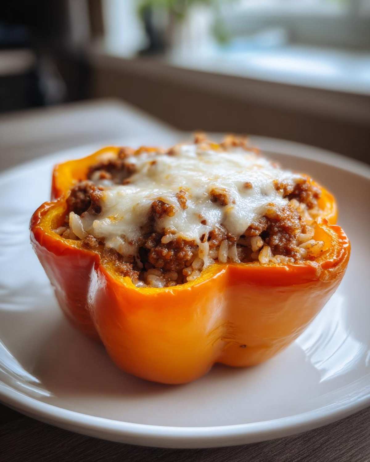 Close-up of a single orange Cheesy Ground Beef Stuffed Peppers with Rice, topped with melted white cheese.