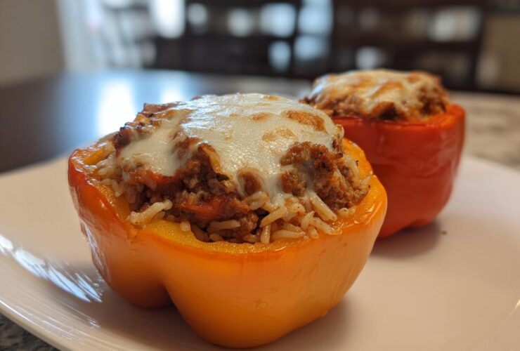 Two vibrant bell peppers, one orange and one red, filled with ground beef, rice, and topped with melted cheese for Cheesy Ground Beef Stuffed Peppers with Rice.