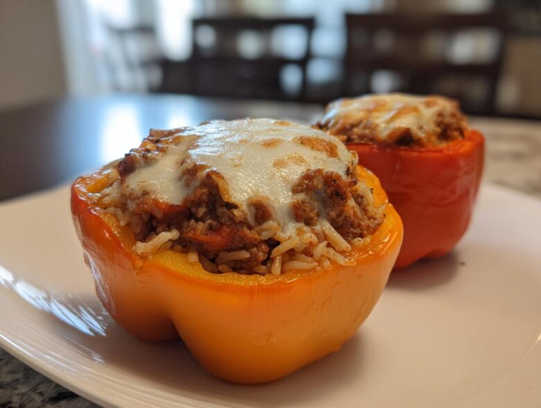 Two vibrant bell peppers, one orange and one red, filled with ground beef, rice, and topped with melted cheese for Cheesy Ground Beef Stuffed Peppers with Rice.