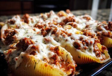 Close-up of baked Cheesy Ground Beef Stuffed Shells with rich meat filling and melted mozzarella cheese.