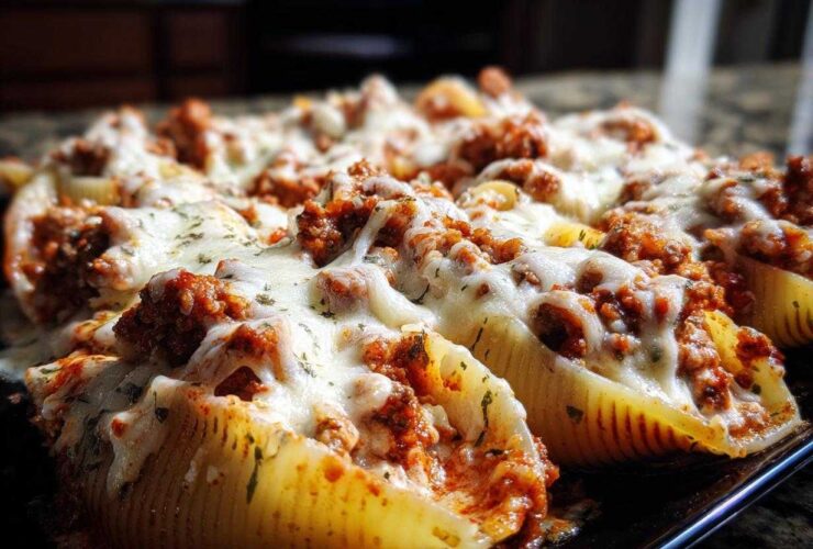 Close-up of baked Cheesy Ground Beef Stuffed Shells with rich meat filling and melted mozzarella cheese.
