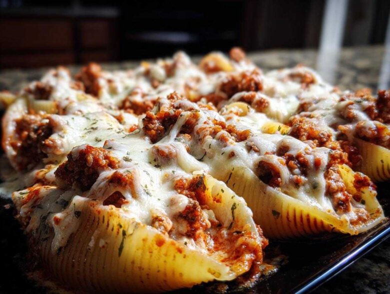 Close-up of baked Cheesy Ground Beef Stuffed Shells with rich meat filling and melted mozzarella cheese.