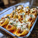 A glass baking dish filled with baked Cheesy Ground Beef Stuffed Shells topped with melted mozzarella and parsley.