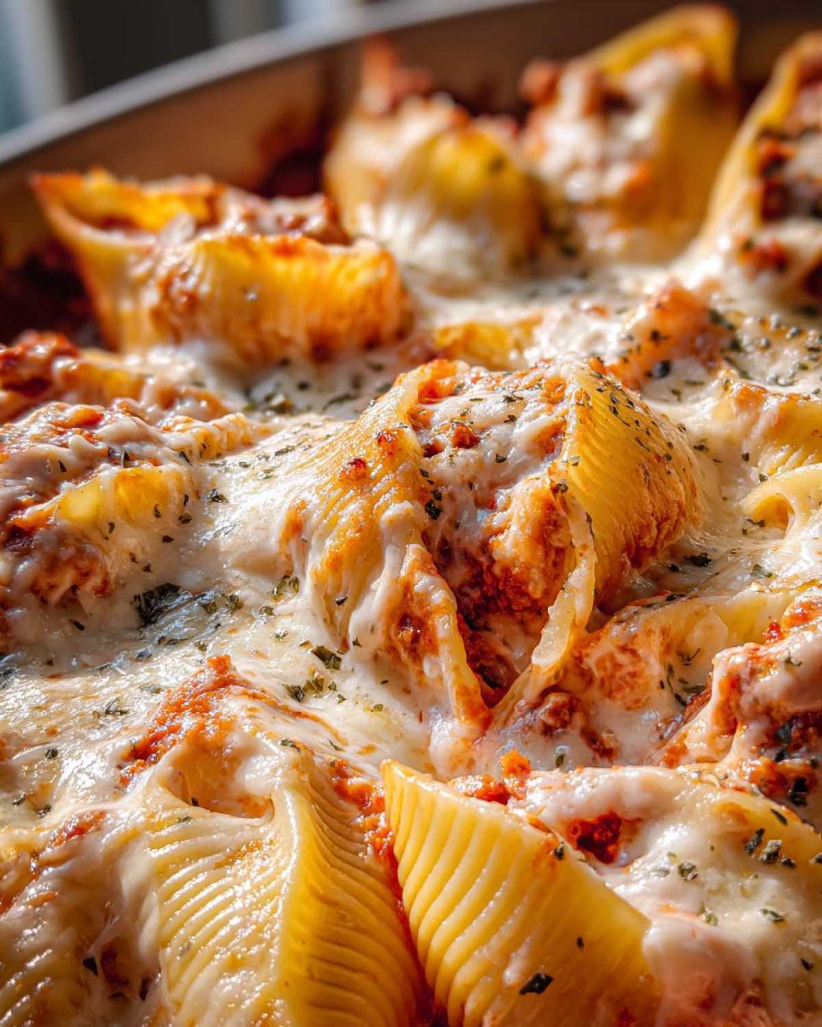 Close-up of baked Cheesy Ground Beef Stuffed Shells generously covered in melted mozzarella and herbs.