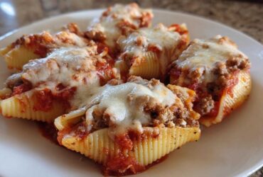 Close-up of baked Cheesy Ground Beef Stuffed Shells topped with melted mozzarella and marinara sauce.