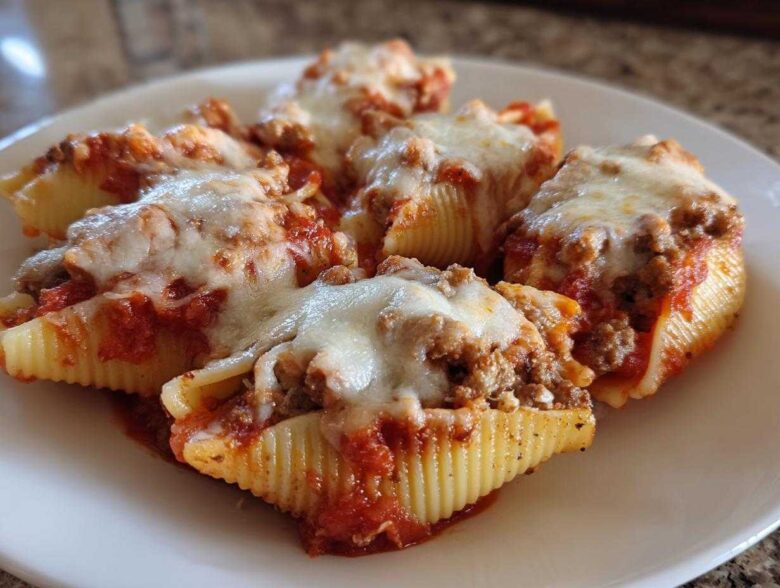 Close-up of baked Cheesy Ground Beef Stuffed Shells topped with melted mozzarella and marinara sauce.