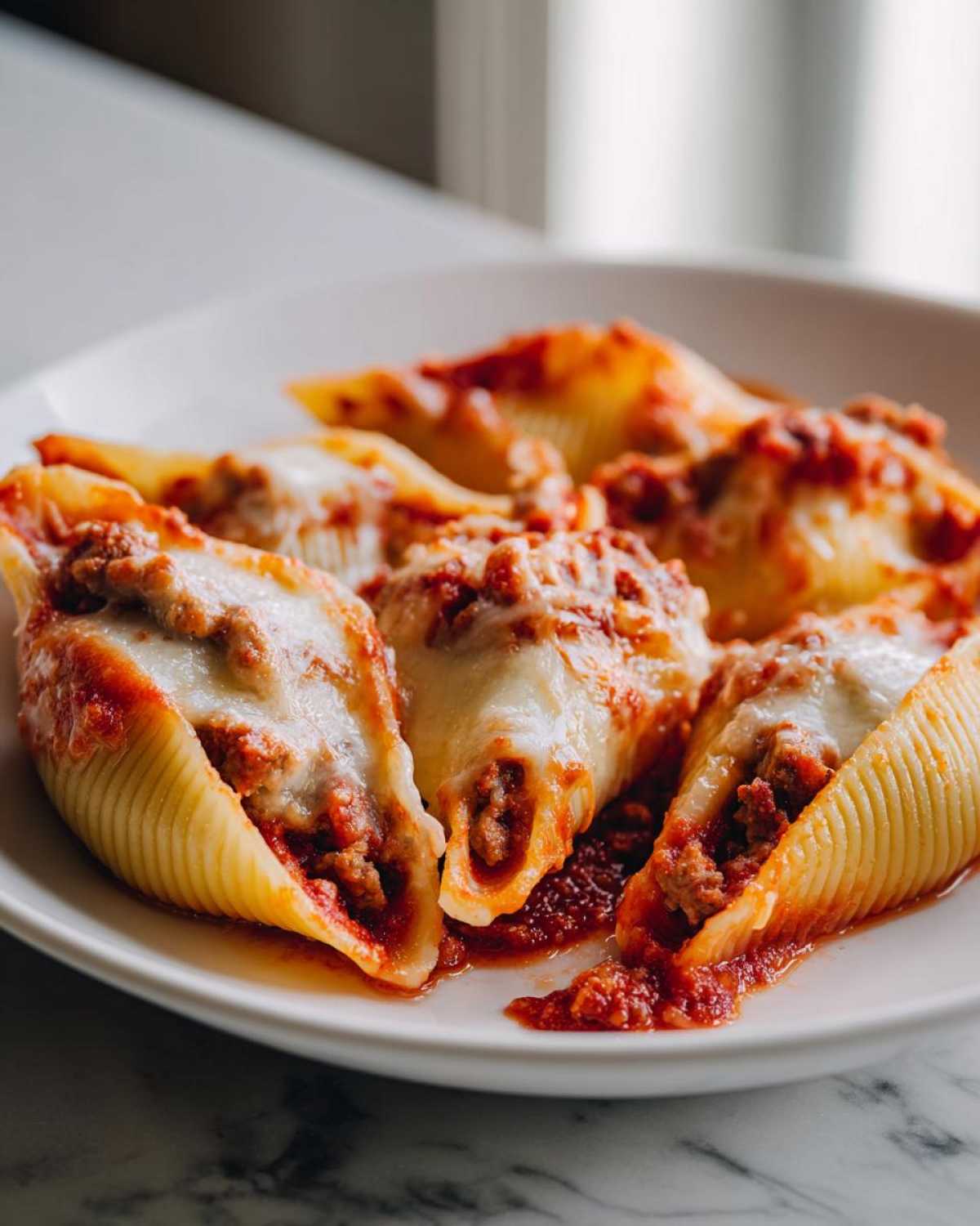 Close-up of baked Cheesy Ground Beef Stuffed Shells covered in marinara sauce and melted mozzarella cheese.