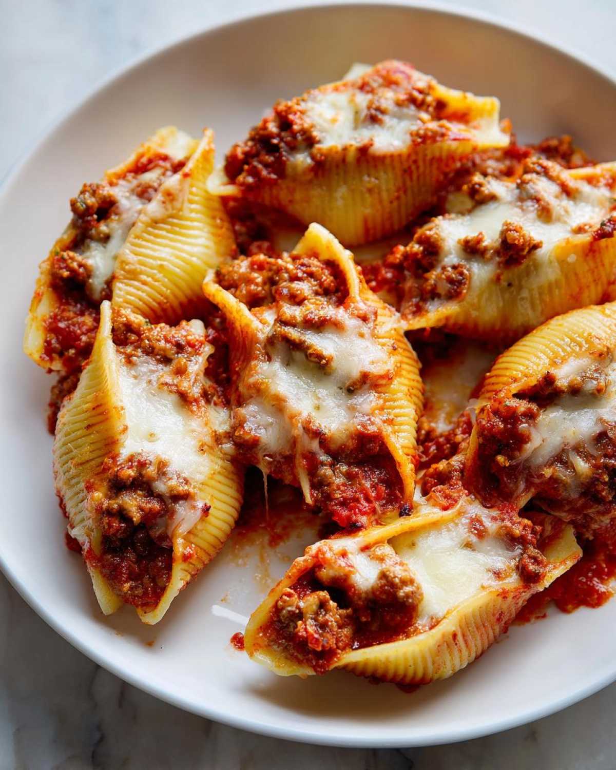 Close-up of baked Cheesy Ground Beef Stuffed Shells Easy Bake topped with melted mozzarella cheese.