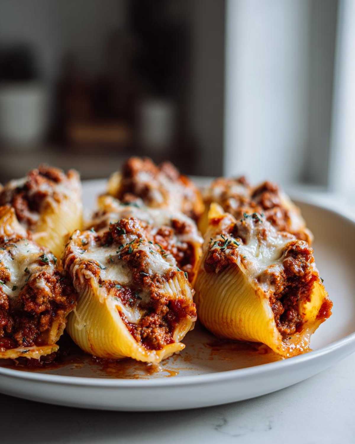 Close-up of baked Cheesy Ground Beef Stuffed Shells Easy Bake topped with melted mozzarella and herbs.