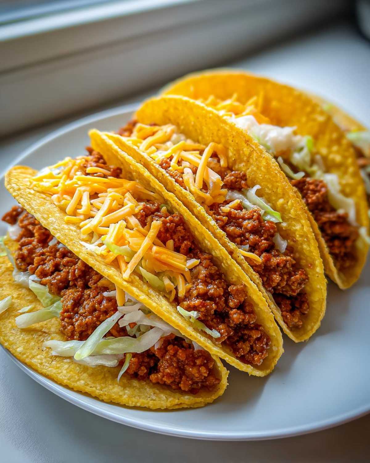 Close-up of three crispy Cheesy Ground Beef Tacos with creamy filling, shredded lettuce, and cheddar cheese topping.