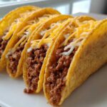Four crispy hard-shell Cheesy Ground Beef Tacos filled with seasoned meat, creamy sauce, and shredded cheese.