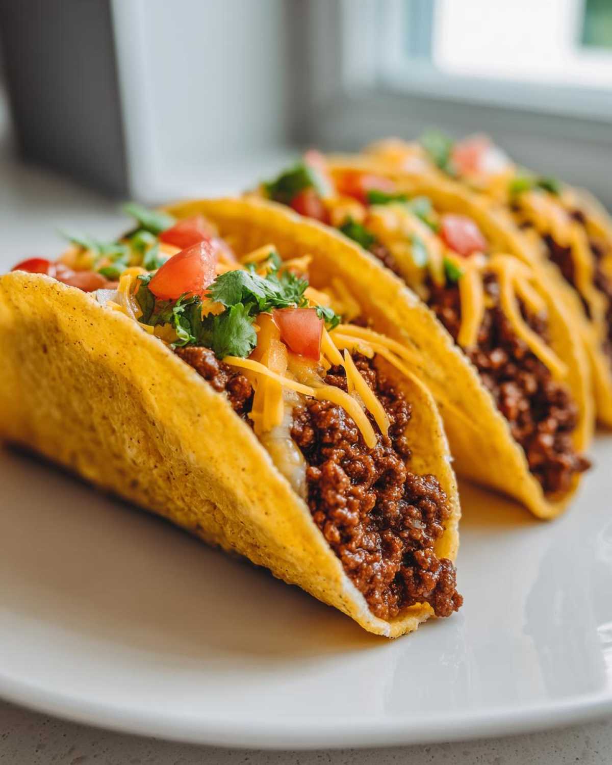 A row of crispy hard-shell Cheesy Ground Beef Tacos filled with seasoned meat, shredded cheese, tomatoes, and cilantro.