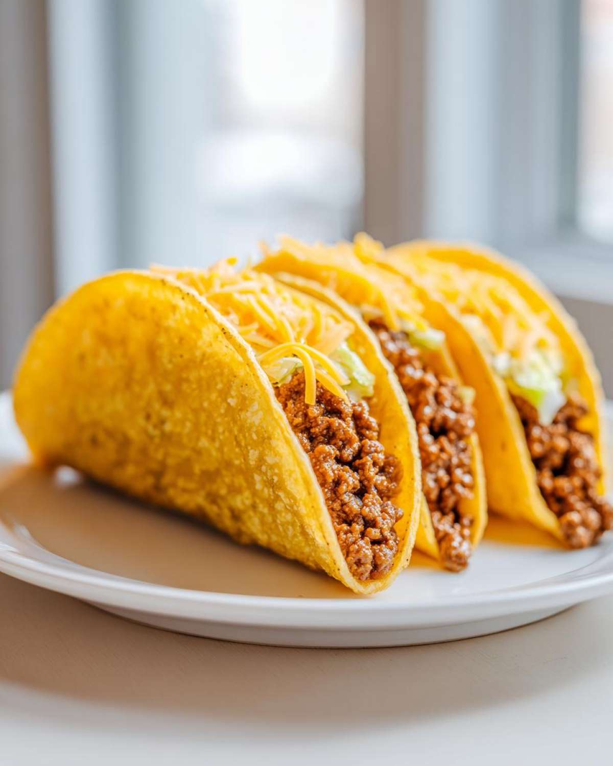 Three crispy hard-shell Cheesy Ground Beef Tacos filled with seasoned meat and topped with shredded cheese.