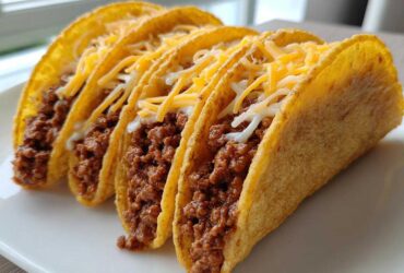 Four crispy hard-shell Cheesy Ground Beef Tacos filled with seasoned meat, creamy sauce, and shredded cheese.
