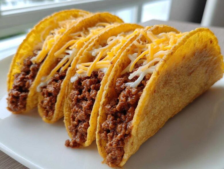 Four crispy hard-shell Cheesy Ground Beef Tacos filled with seasoned meat, creamy sauce, and shredded cheese.