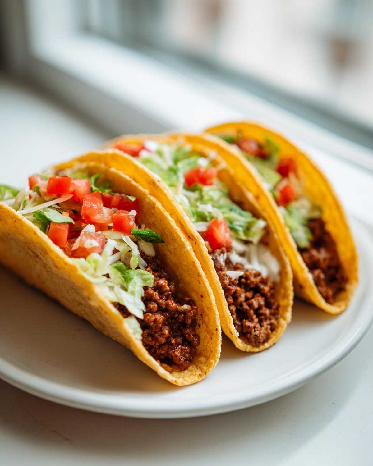 Three hard-shell Cheesy Ground Beef Tacos filled with seasoned meat, lettuce, tomatoes, and creamy sauce, resting on a white plate.