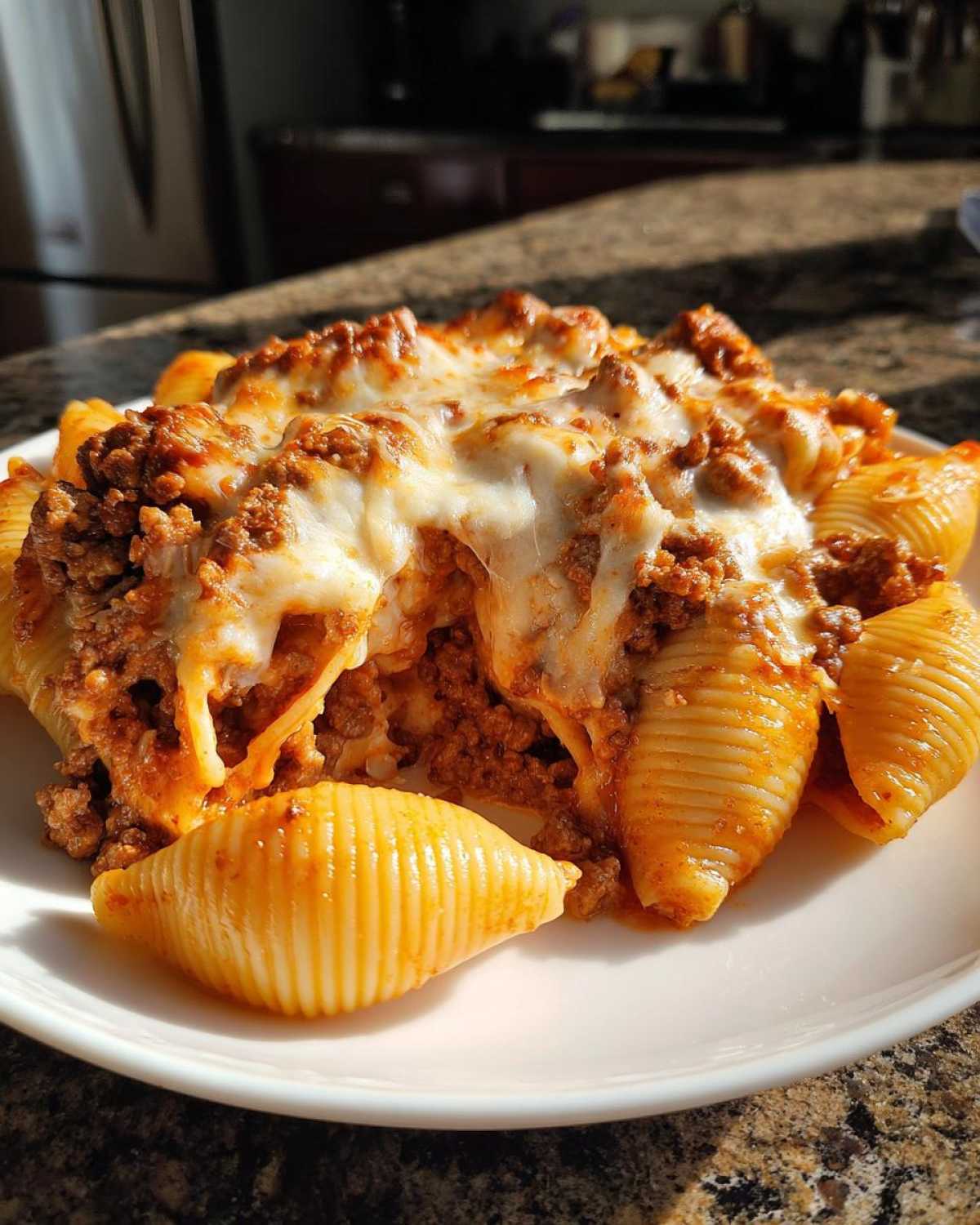 A serving of Cheesy Pasta Shells with Creamy Beef Sauce topped with melted mozzarella cheese on a white plate.