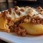 A close-up of baked Cheesy Pasta Shells with Creamy Beef Sauce, topped with melted mozzarella cheese.