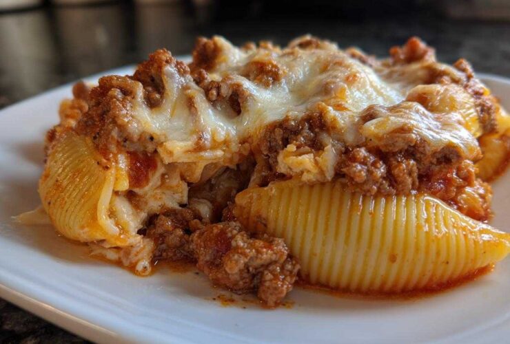 A close-up of baked Cheesy Pasta Shells with Creamy Beef Sauce, topped with melted mozzarella cheese.