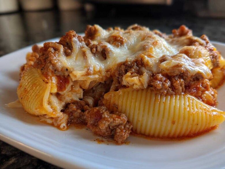 A close-up of baked Cheesy Pasta Shells with Creamy Beef Sauce, topped with melted mozzarella cheese.