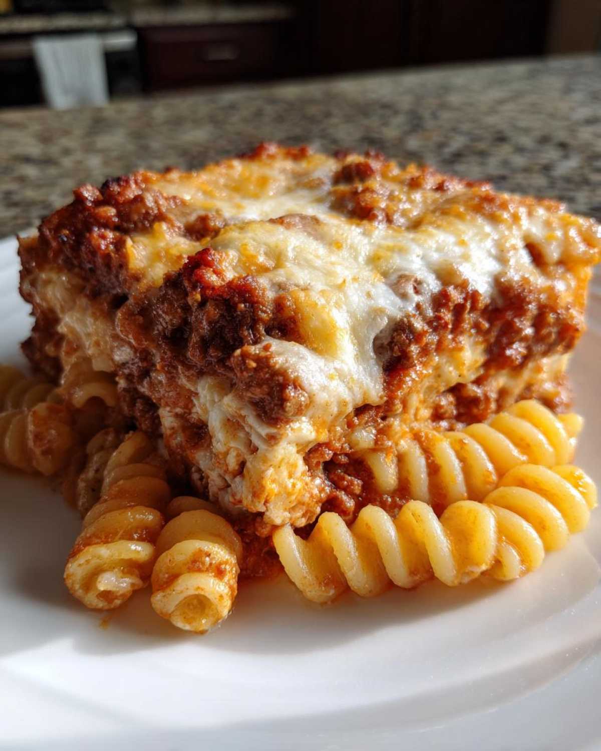 A baked portion of Cheesy Pasta Shells with Creamy Beef Sauce, topped with melted cheese, served next to fusilli pasta.