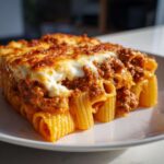 A close-up serving of baked Cheesy Pasta Shells with Creamy Beef Sauce, topped with melted, browned cheese.