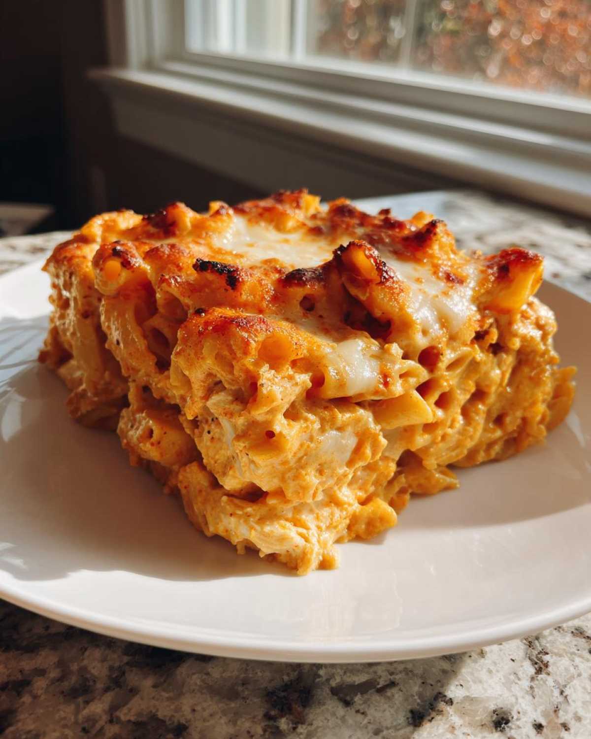 A square serving of Creamy Cajun Chicken Alfredo Bake with a golden, bubbly cheese topping on a white plate.