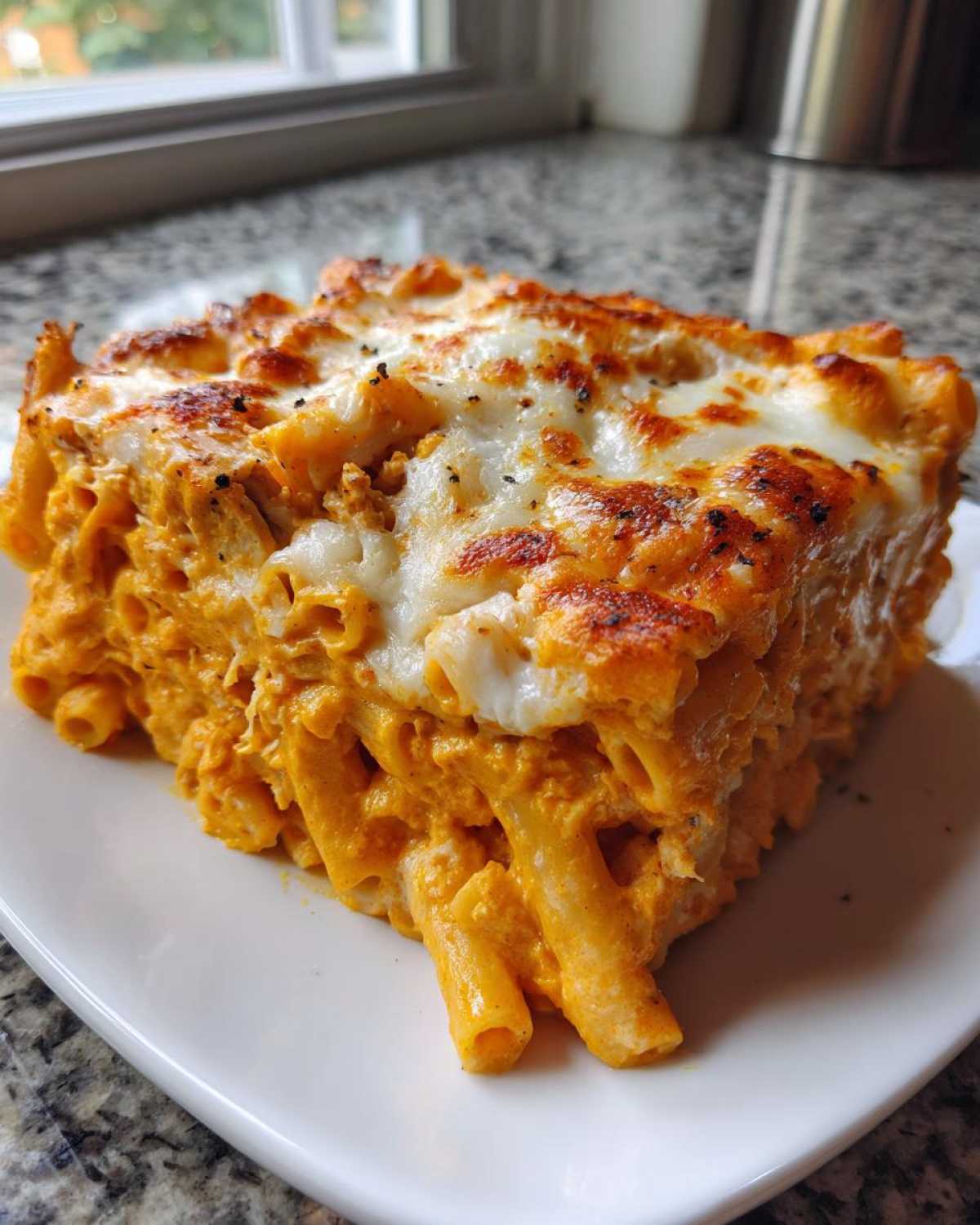 A generous square serving of Creamy Cajun Chicken Alfredo Bake with melted, browned cheese on top.