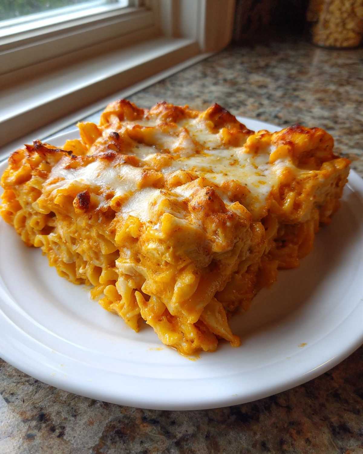 A generous serving of Creamy Cajun Chicken Alfredo Bake with a bubbly, melted cheese topping on a white plate.