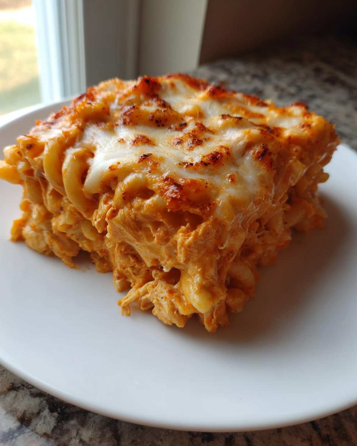 A square serving of Creamy Cajun Chicken Alfredo Bake with melted, slightly browned cheese on top, served on a white plate.