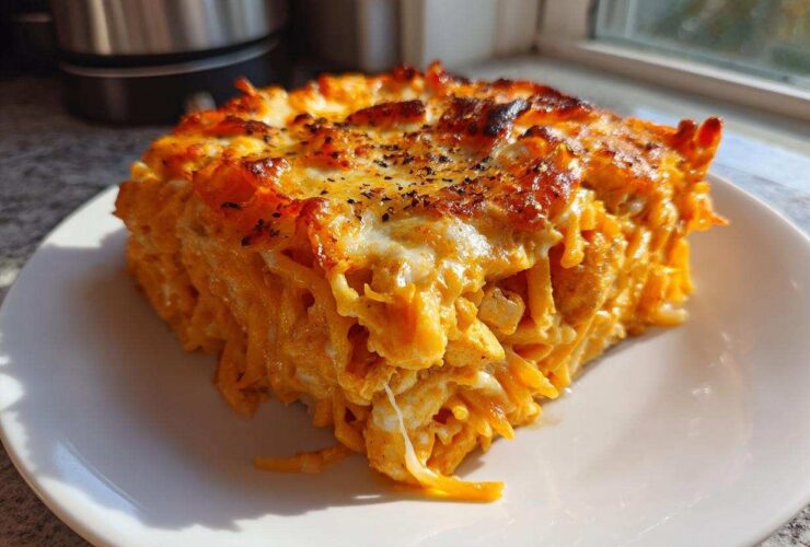 A square serving of Creamy Cajun Chicken Alfredo Bake with a golden, cheesy, baked top.
