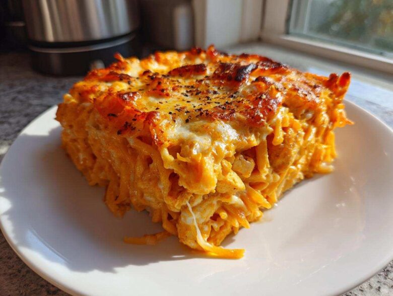 A square serving of Creamy Cajun Chicken Alfredo Bake with a golden, cheesy, baked top.