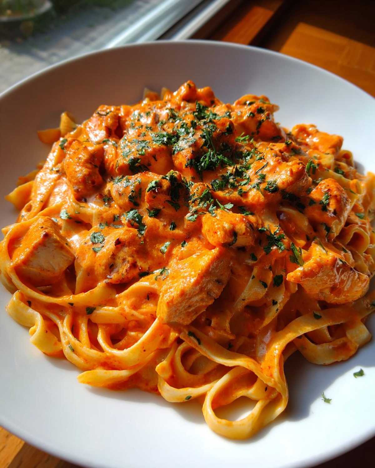 A close-up of rich, orange-hued Creamy Cajun Chicken Pasta with fettuccine noodles and chopped parsley garnish.