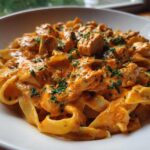 Close-up of Creamy Cajun Chicken Pasta featuring fettuccine noodles, chunks of chicken, and a rich orange sauce, garnished with parsley.