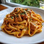 A close-up of fettuccine coated in a rich, orange-hued sauce with chunks of chicken, representing Creamy Cajun Chicken Pasta.