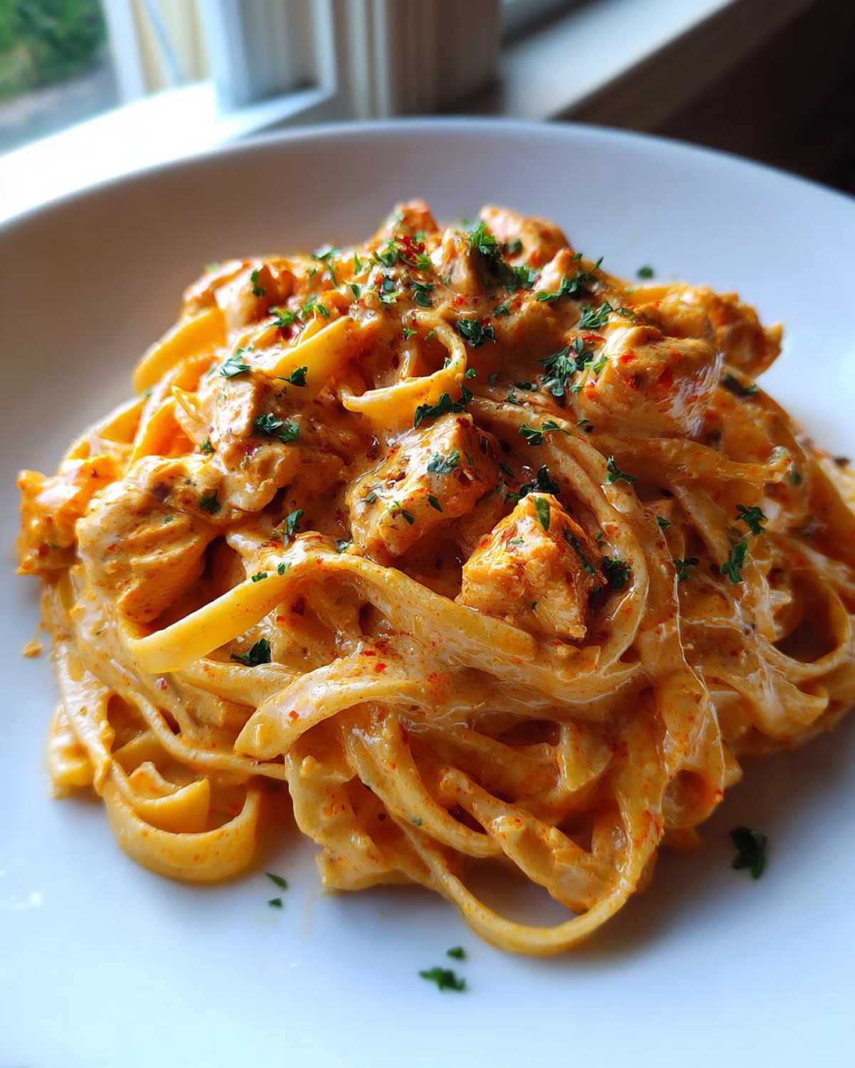 A close-up serving of Creamy Cajun Chicken Pasta featuring fettuccine coated in a rich, orange sauce with chicken pieces and topped with fresh parsley.