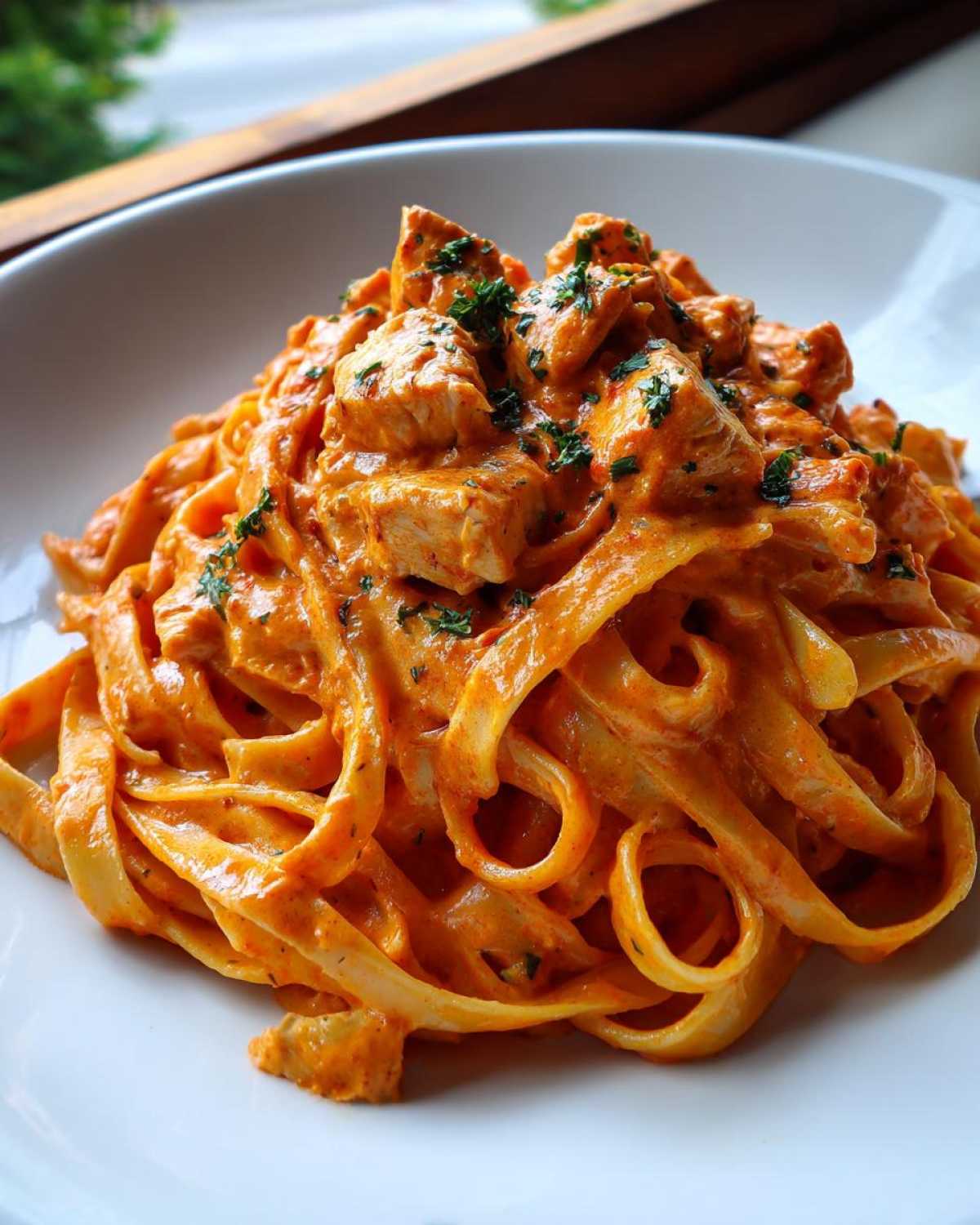 A close-up serving of Creamy Cajun Chicken Pasta featuring fettuccine noodles coated in a rich, orange-hued sauce with chunks of chicken.