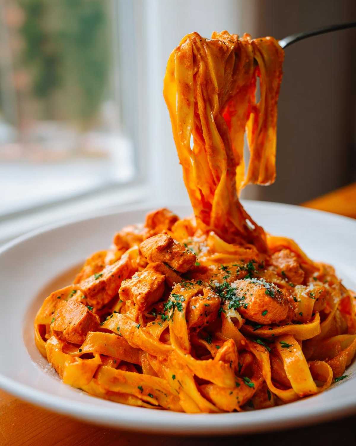 A fork lifts fettuccine noodles coated in orange sauce from a plate of Creamy Cajun Chicken Pasta.