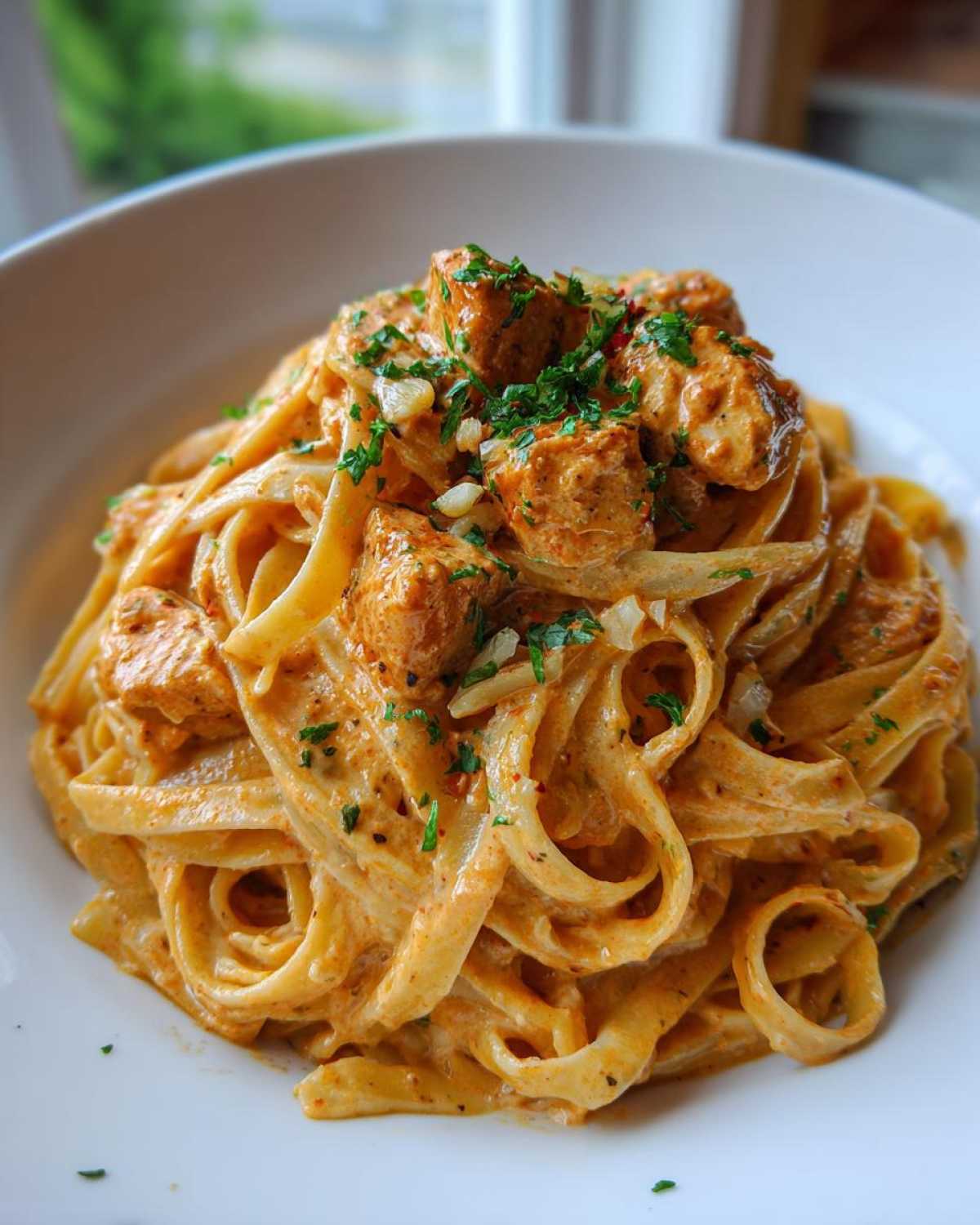 A close-up of a bowl of Creamy Cajun Chicken Pasta with Garlic, featuring fettuccine noodles coated in orange sauce and topped with chicken pieces.
