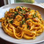 A close-up of a white bowl filled with Creamy Cajun Chicken Pasta, featuring fettuccine noodles, seasoned chicken pieces, and fresh parsley garnish.
